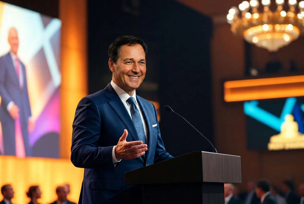 James speaking at a conference